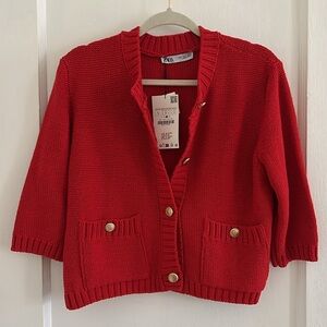 Plain Red Knit Cardigan- ZARA, size L